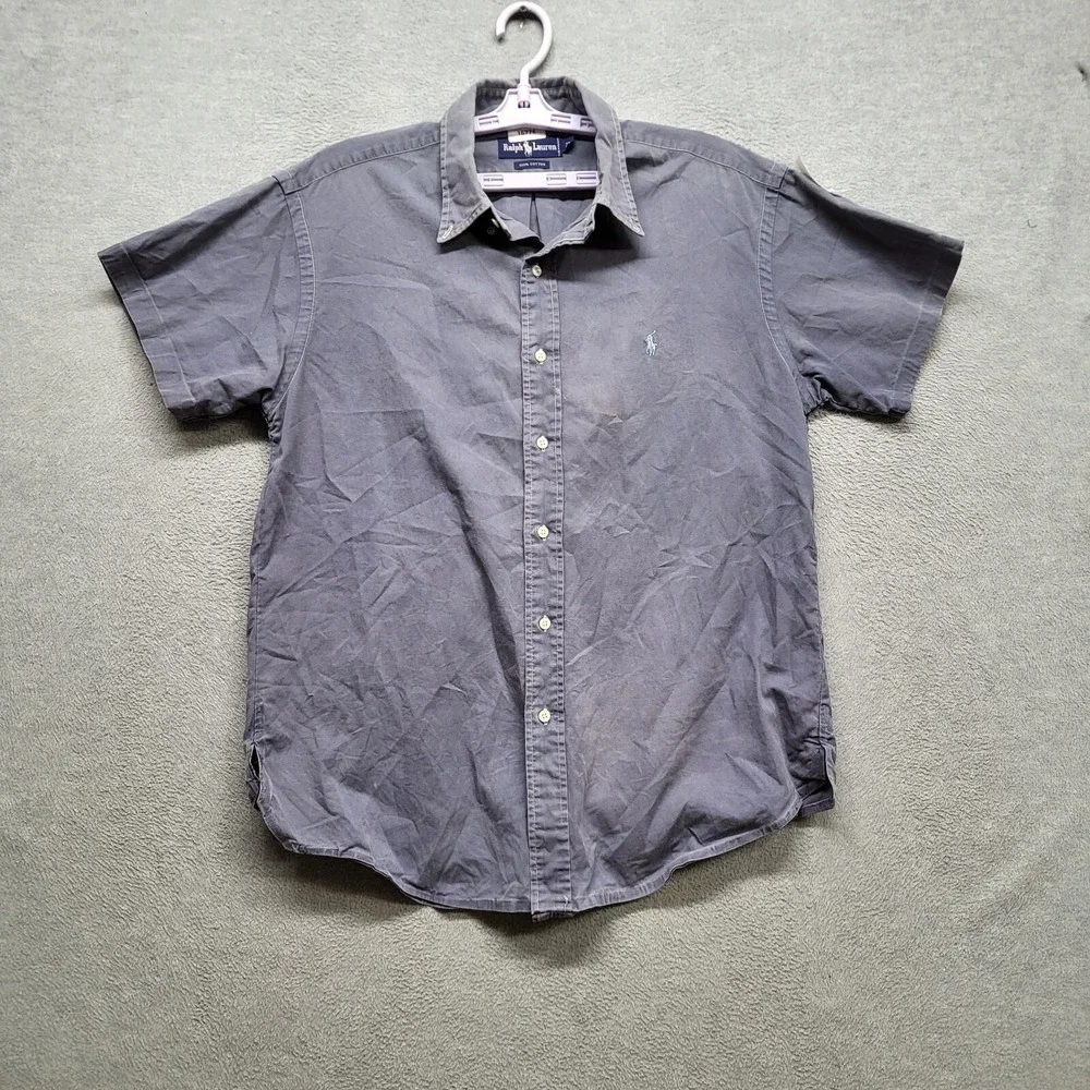 VINTAGE Ralph Lauren Men Button Up Shirt XL Blue Short Sleeve Solid Cotton READ